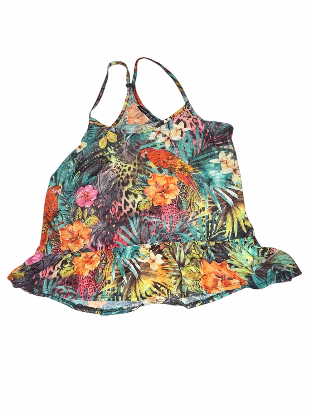 Atmosphere Multicolor Tropical Parrot Ruffle Tank